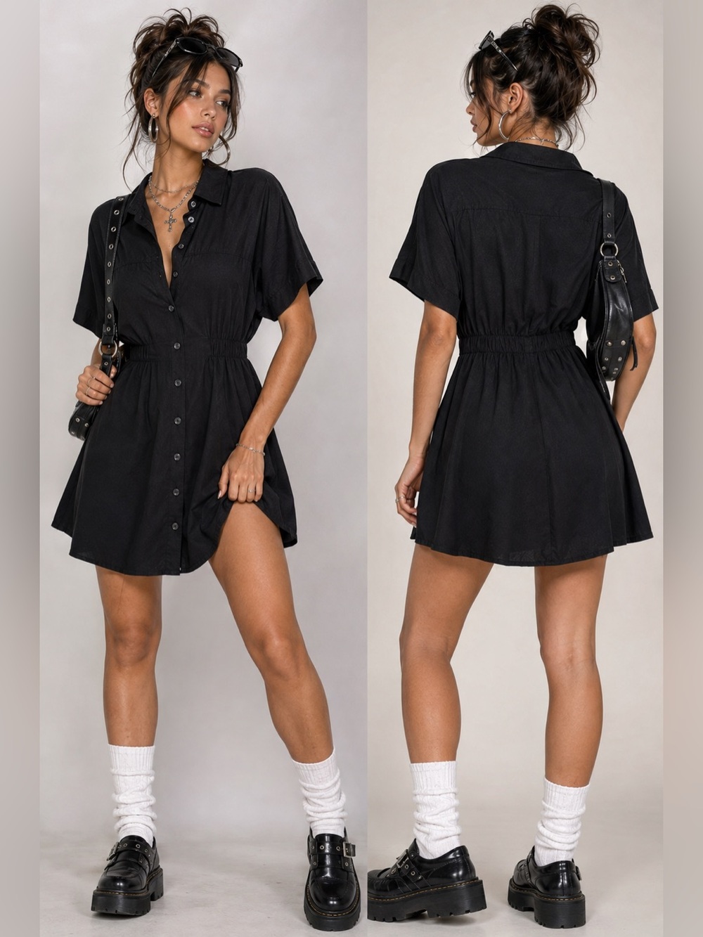 Zara Black Button Front Mini Shirt Dress Y2K Size M